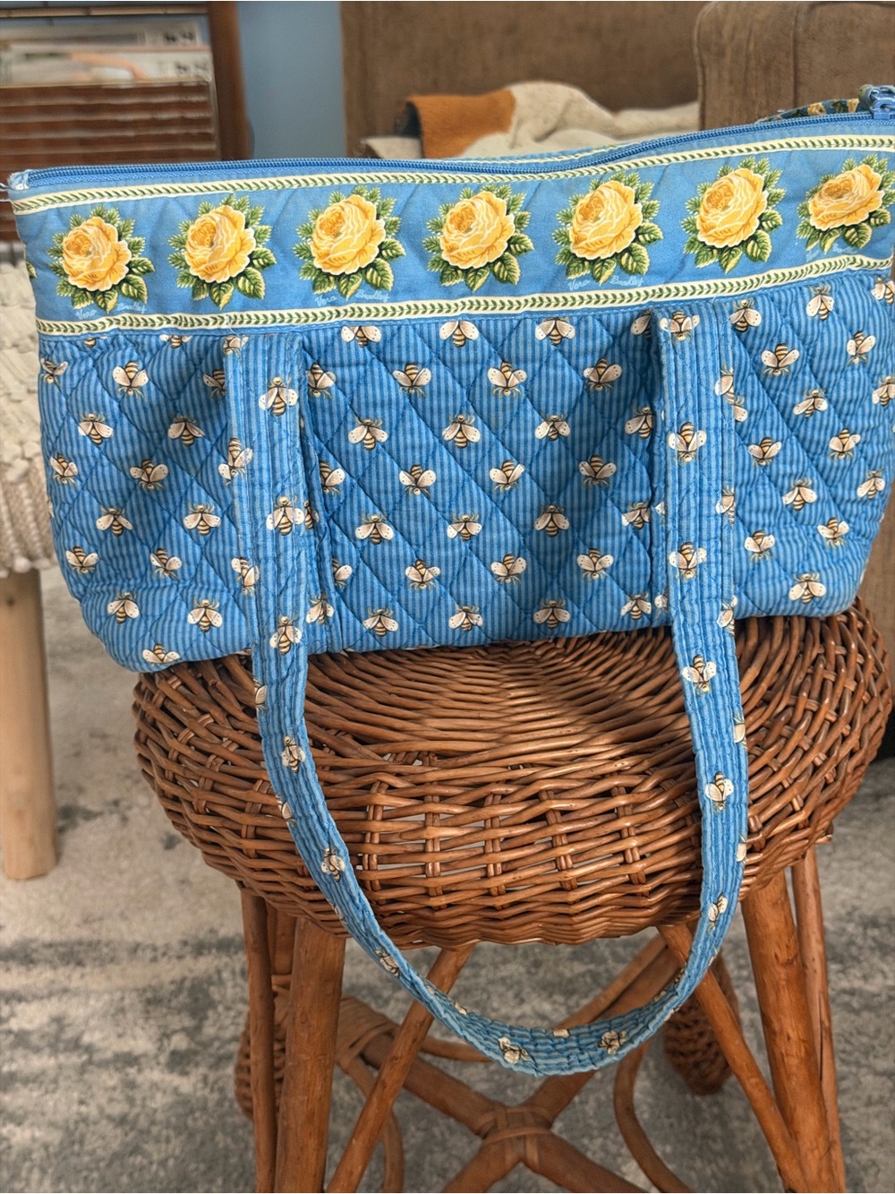 Vera Bradley Blue Quilted Tote with Yellow Rose Trim - Picture 8 of 16